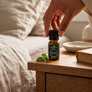 Mano tomando el aceite esencial de Menta 11 ml en la mesa de noche | Exotik Nat