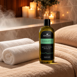 Aceite para Masaje Corporal Eucalipto 250ml en un ambiente de spa con velas | Exotik Nat