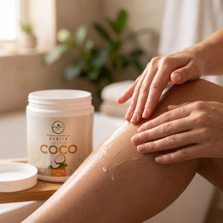 Aplicando Aceite Virgen de Coco 500g en la piel de las piernas | Exotik Nat