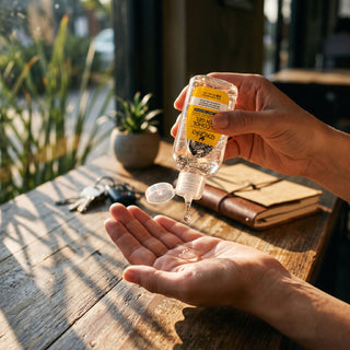 Persona aplicando alcohol en gel Naranja con Especias Exotik Nat 60 ml en la palma de la mano