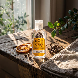 Alcohol en gel Exotik Nat 60 ml sobre una mesa de madera con naranja seca y pimienta gorda