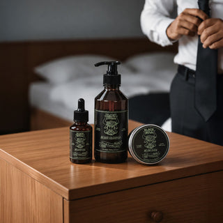Kit barba Fresh Lumberjack en la mesa de noche durante la rutina de la mañana | Black Bull