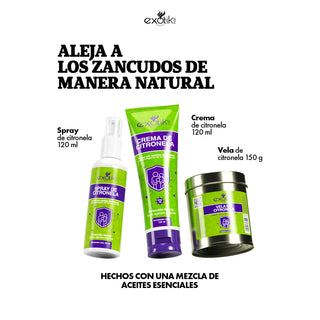 Contenido del Kit Repelentes Naturales: spray de citronela 120 ml, crema de citronela 120 ml y vela de citronela 150 g | Exotik Nat