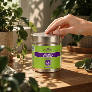 Mano abriendo la Vela de Citronela 450g en una mesa con plantas | Exotik Nat